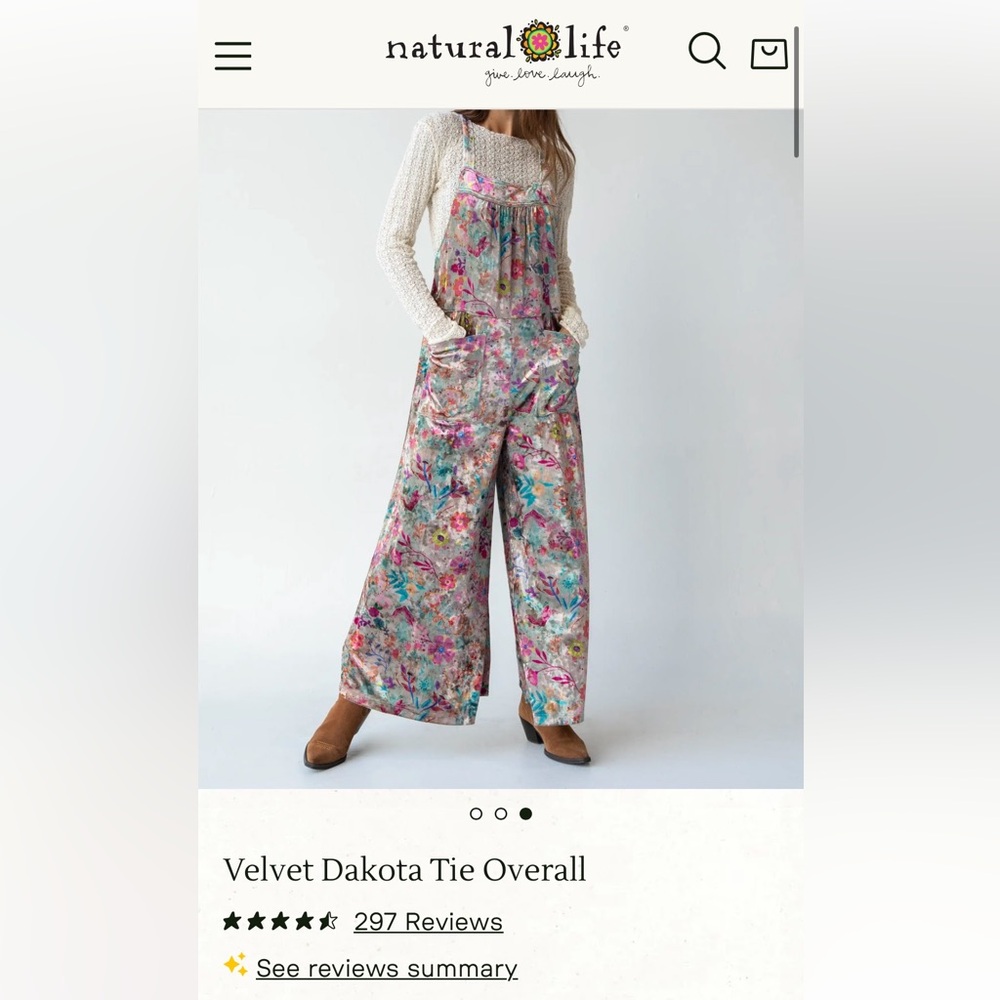 NWOT Natural Life Velvet Dakota Tie Overall Cream Turquoise Flung Floral Medium
